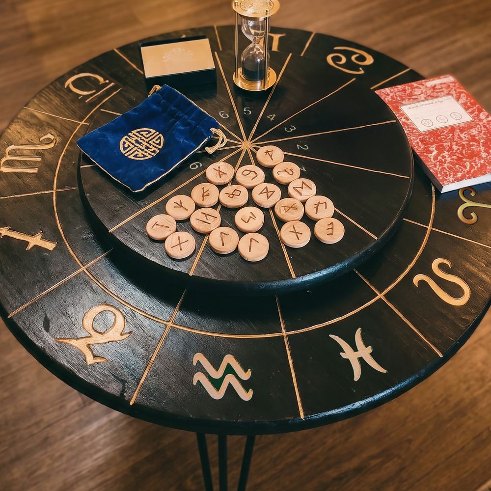 The zodiac wheel table at Virgo Room, set with runes, an hourglass, and an astrology book